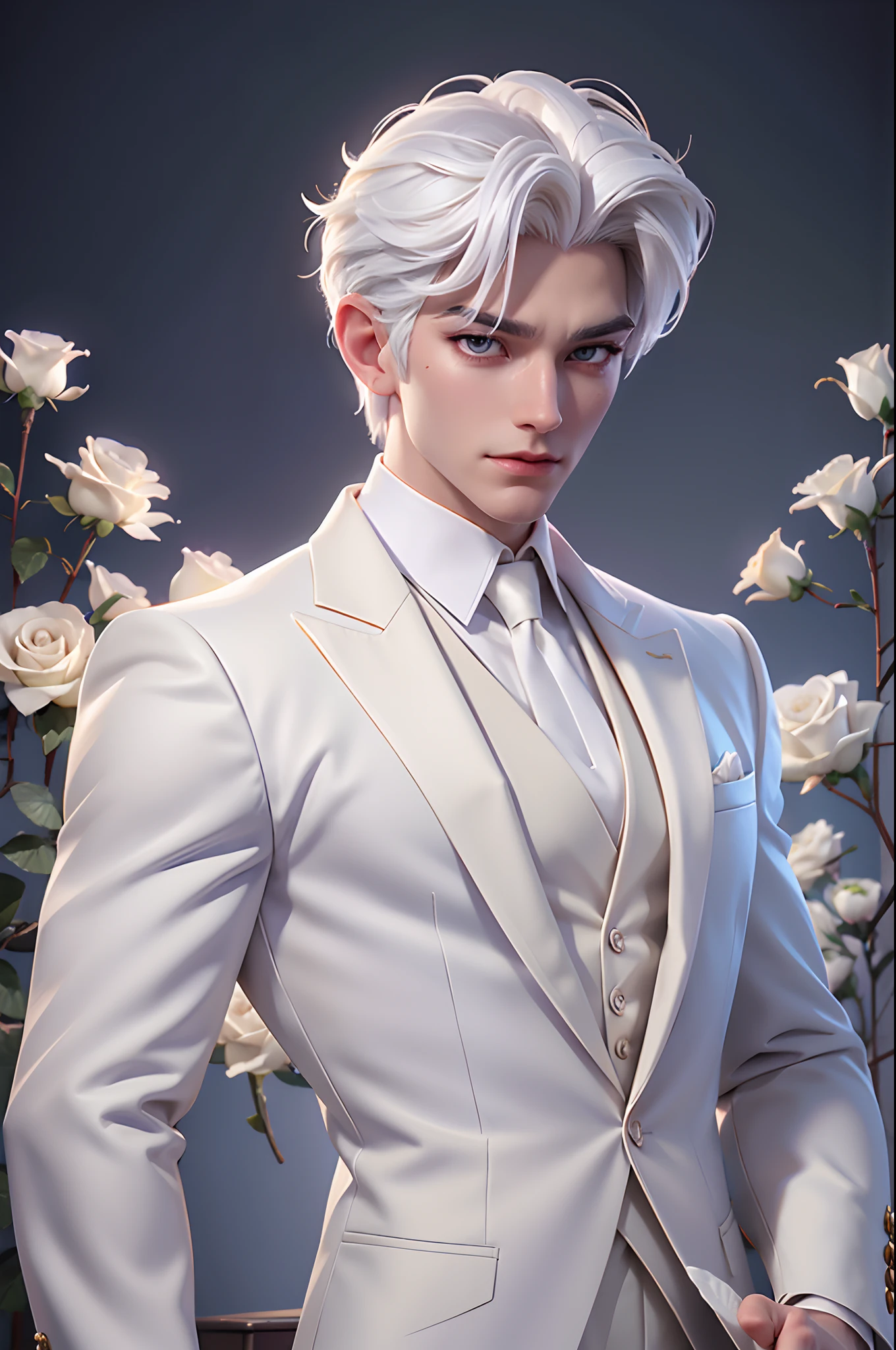 Da steht ein Mann mit weißem Haar und weißem Anzug, der eine Rose hält, von Yang J, IG-Modell | artgerm, äußerst detaillierte, weißhaarige Gottheit, Schöner androgyner Prinz, Neoartcore und Charlie Bowater, epische exquisite männliche Charakterkunst, der Perfektion nahe, aufgenommen mit Sony A7 IV für HD-Bildqualität, Studiobeleuchtung, leichte Blumenblüte