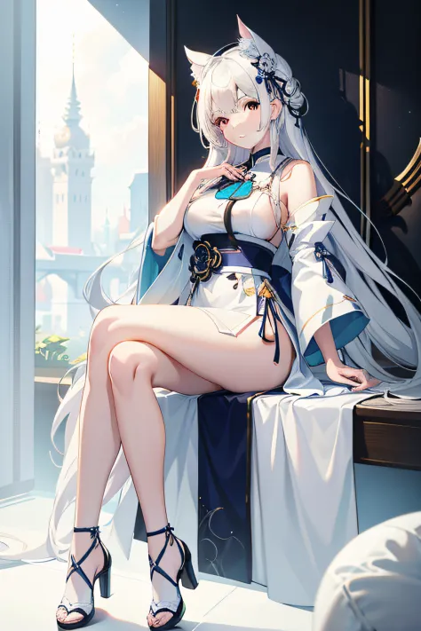 Anime girl sitting on chair in white dress, white-haired god, cute anime waifu in a nice dress, azur lane style, Guweiz in Pixiv ArtStation, trending on artstation pixiv, Guweiz on ArtStation Pixiv, Anime goddess, onmyoji, trending on cgstation, style of a...