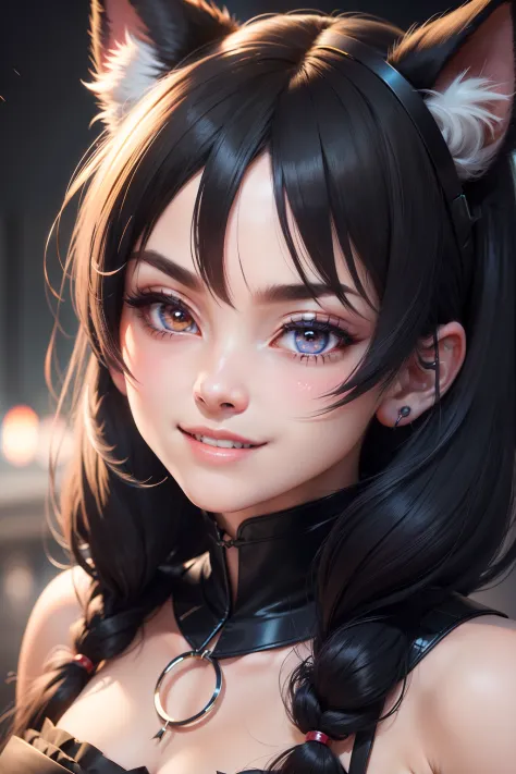 black hair, hair bobbles, wince, longeyelashes, solid circle eyes, fake animal ears, light smile, ear blush, fang, Surrealism, drop shadow, anaglyph, stereogram, tachi-e, pov, atmospheric perspective, 8k, super detail, ccurate, best quality
