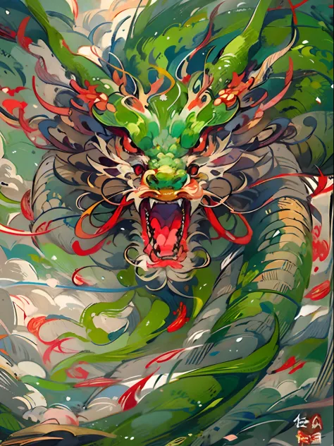 Best quality at best，tmasterpiece，超高分辨率，without humans，Huge body（The long：1.2），without humans，Red eyes，horn，scutes，with her mouth open，Skysky，Fang，Yellow-green Chinese dragon，surrounded by cloud，teeth，dragon claw，flight，Better flight attitude form，rich det...