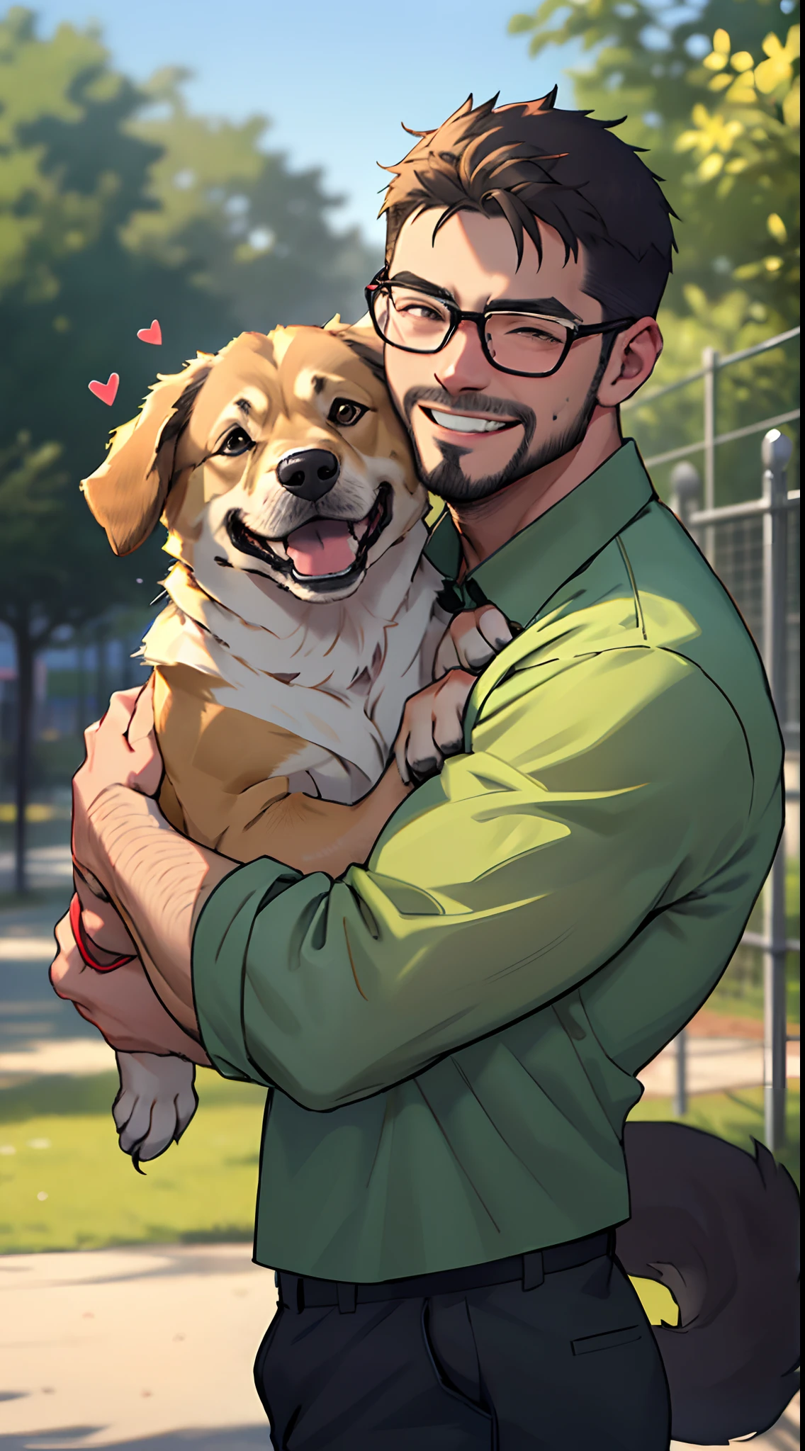 a man with a beard and a German Sheppard dog, the man wearing glasses, green shirt, in a dog's park, the man carrying and hugging the dog, the high well detailed, face focus, happy smile, happy dog, heart-warming, seen from the si