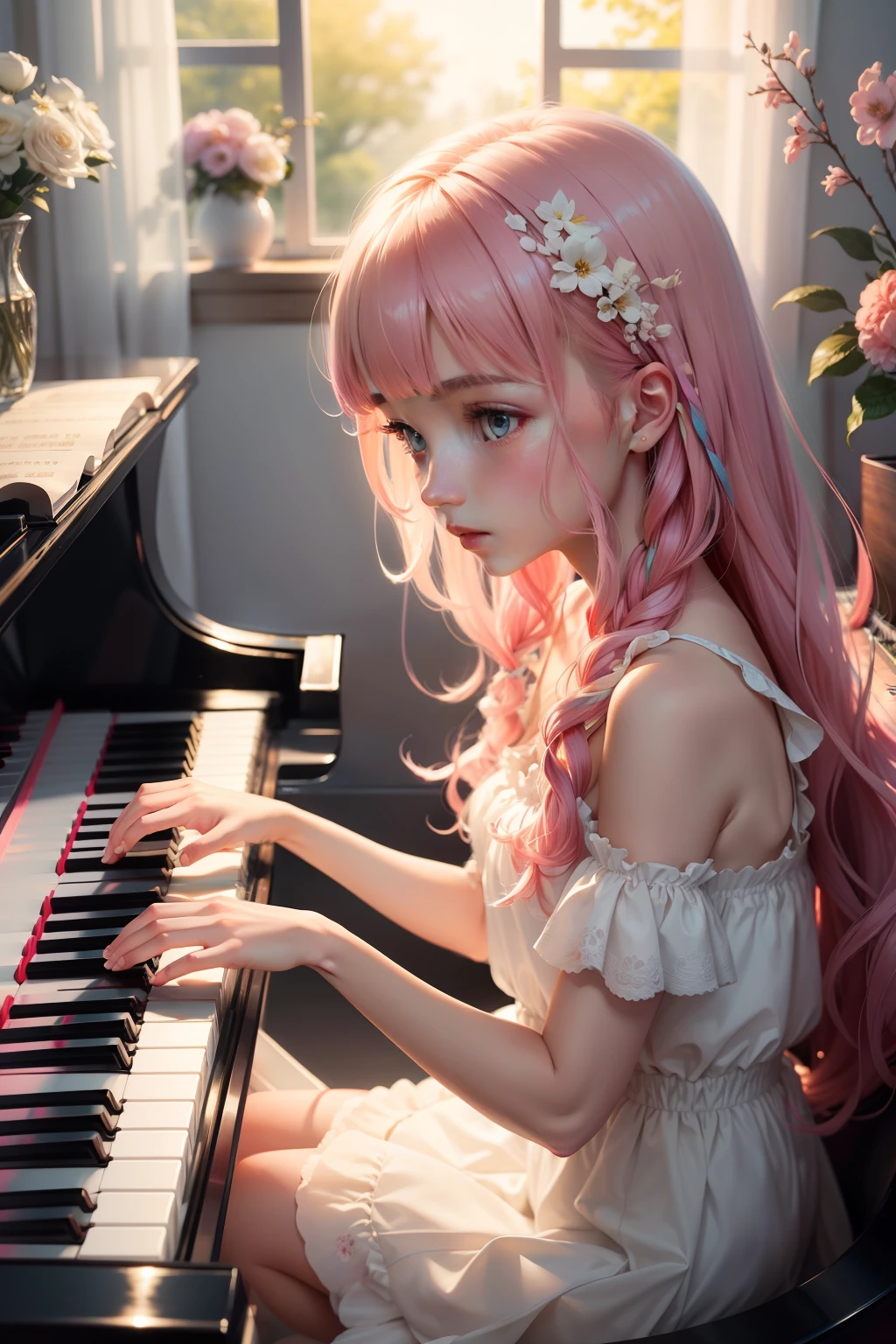 playing piano　Playing the piano keys　Hit the key　girl with　The hair　long to　Clear eyes　colourfull　Active　pop music　Music　Artistically　art by　colourfull　natural soft light　Steinway　elegent　Beautiful　Open　florals　cherry trees　of flower gardens　Cute