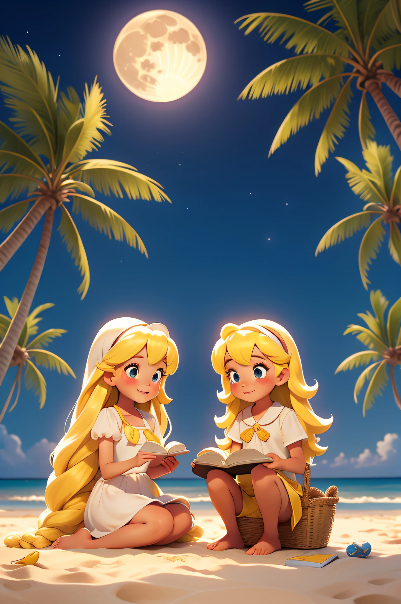 obra maestra, mejor calidad, 1 niña, pelo largo y blanco，Cabello amarillo，vestidos blancos，Un par de conejos lindos，playa de arena，Siéntate y lee，la noche，Hay 1 Luna Llena súper grande en el cielo，palmas de coco，estilo pixar，estilo disney，