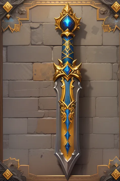The legendary sword Excalibur stuck in an ornate stone, golden hilt inlaid with bright gems, waiting for the true king Items and gear listed on the side
