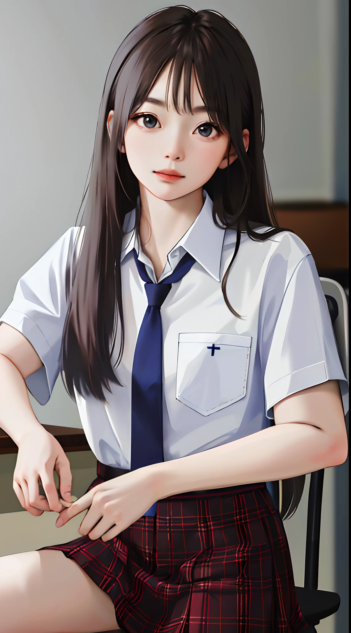 (1girl), russian, solo, long_hair, wearing(student-uniform, neckties, shortsleeves), photo(medium-shot), portrait, pov, blurry_background, Background(classroom, chair, table), (8k, photorealistic, absurdres, best_quality:1.55),