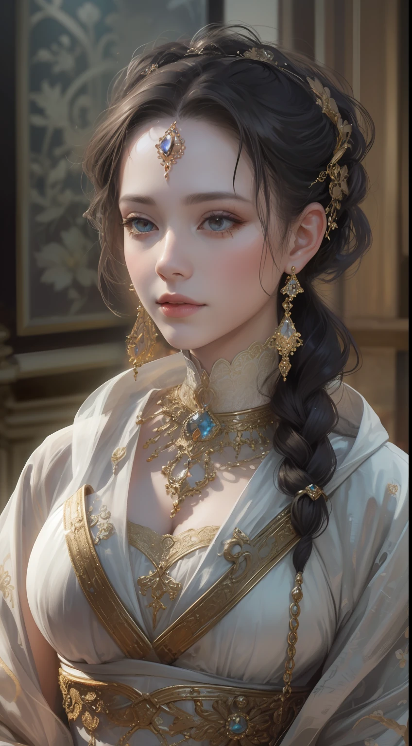 tmasterpiece，Highest high resolution，Beautiful bust of a noble lady，Delicate black braided hair，Brown clear eyes，The hair is covered with beautiful and delicate floral craftsmanship, Crystal jewelry filigree，Ultra-detailed details，upscaled。Soft lighting