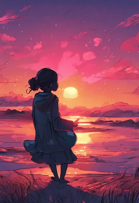animesque, charicature, A wistful look, Illustration of a girl drawn on a beautiful sunset background