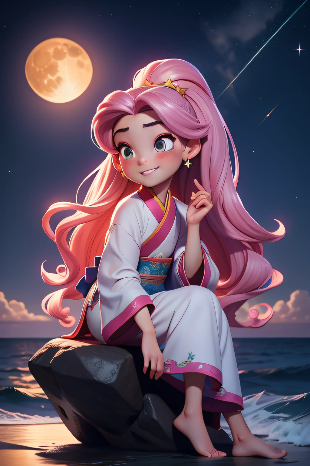 tmasterpiece, best qualityer, Thirteen-year-old girl, long whitr hair，A pink-haired，Hanfu，Sit on the reef，One hand drags his chin，ssmile，The full moon gradually rises from sea level，the night，the ocean，calm seas，inverted image，coconut palms，The sky is full of stars，pixar-style，Disney  style，Chinese style