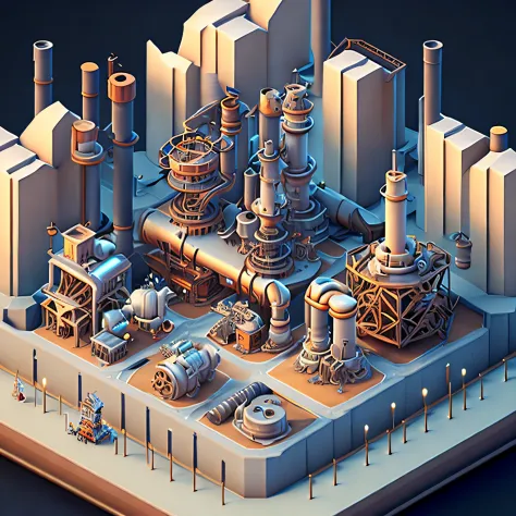 An epic RPG style scene with isometric view showing a cartoon world full of industrial and steam elements, factory theme, ((huge...
