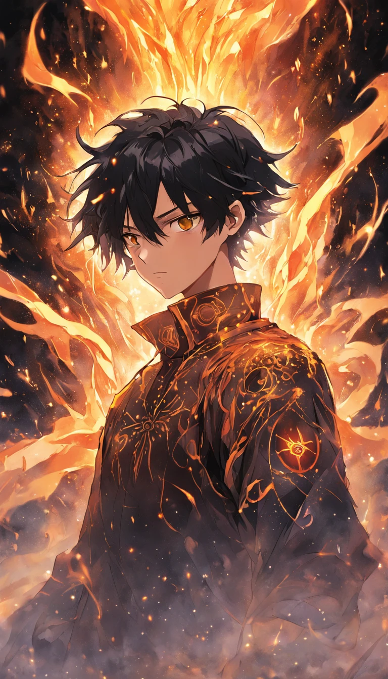 a painting that represents the essence of magic in your world, showing the black hair, shining golden eyes protagonist with a mystical black mark on his neck immersed in a cascade of magical fire energy, with glowing particles dancing around him and arcane symbols forming in the air