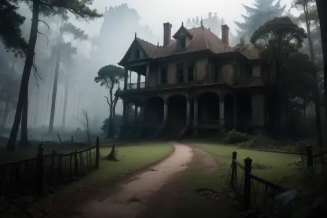 ((Falling down abandoned haunted mansion)), on a hill surrounded by dark spooky dense forest, many gnarled dead trees overgrown grass and bushes, forest debris and leaf litter, eerie mist, winding path near a muddy pond, very broken front fence