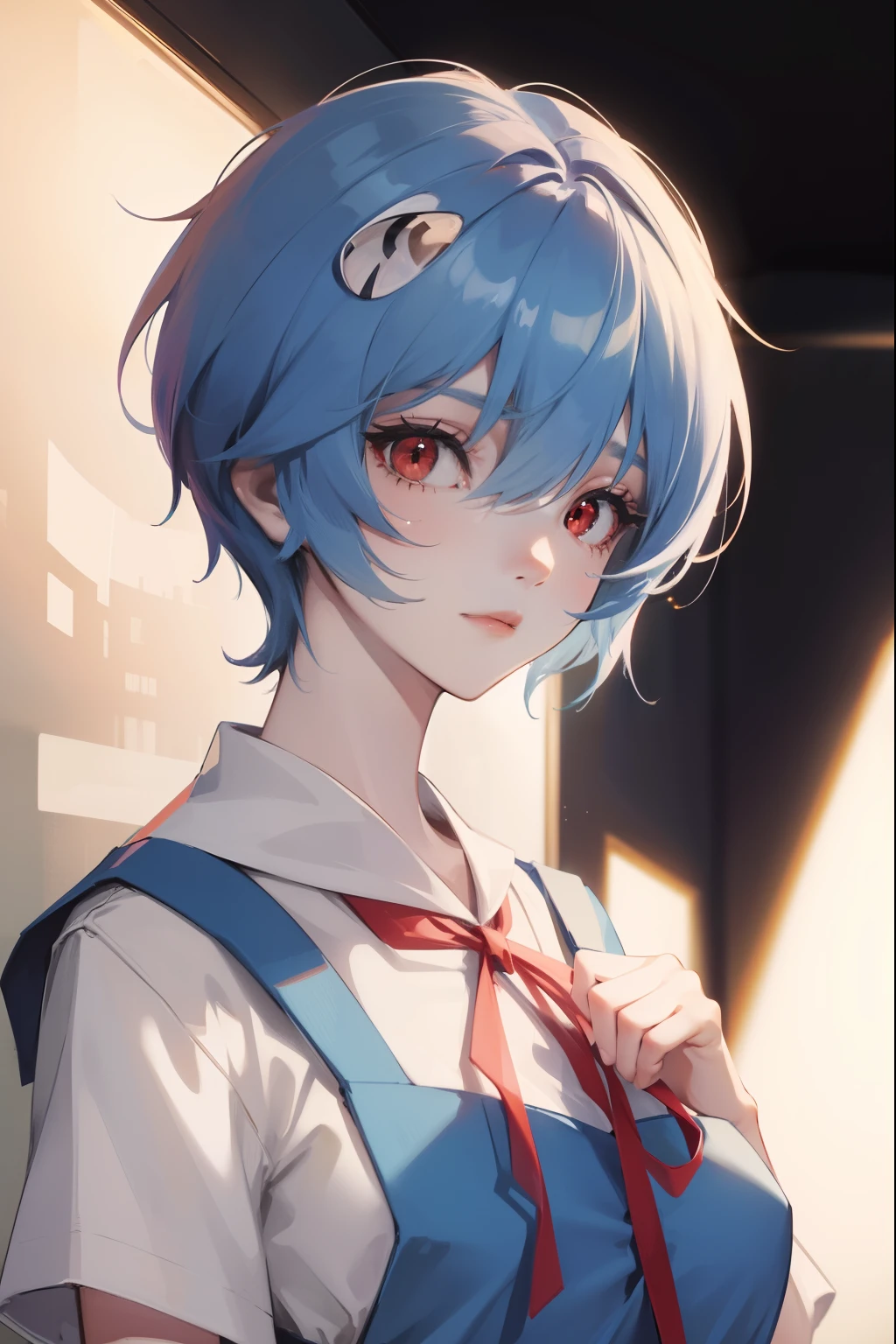 reiayanami, Rei Ayanami, cabelo azul, cabelo curto, (olhos vermelhos:1.5),
QUEBRAR blue vestir, vestir, neck fita, pinafore vestir, red fita, fita, uniforme escolar, manga curta, short-sleeved suéter, suéter,
QUEBRAR outdoors, cidade,
QUEBRAR looking at viewer, 
QUEBRAR (obra de arte:1.2), melhor qualidade, Alta resolução, papel de parede da unidade 8k, (ilustração:0.8), (lindos olhos detalhados:1.6), rosto extremamente detalhado, iluminação perfeita, CG extremamente detalhado, (mãos perfeitas, anatomia perfeita),