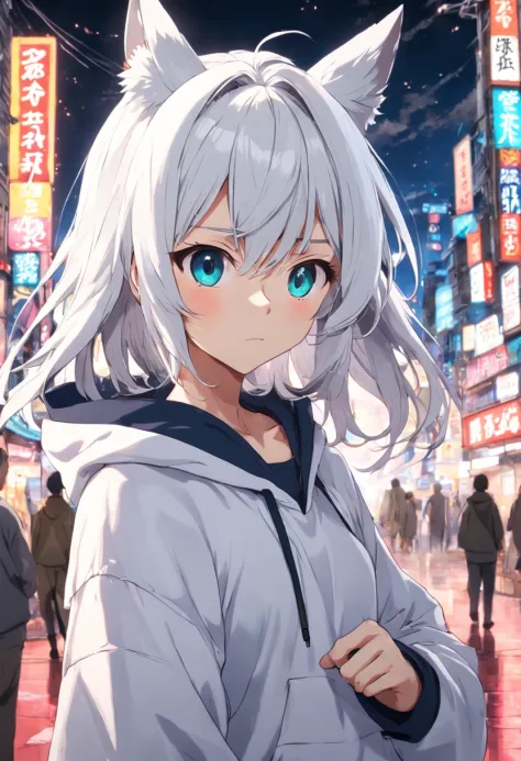 Anime girl with white hair and blue eyes in a city - SeaArt AI