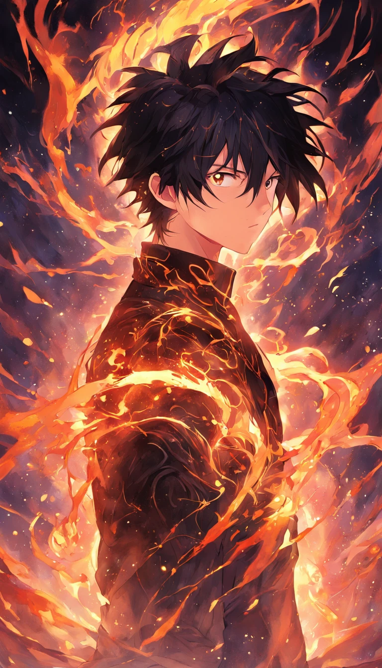 a painting that represents the essence of magic in your world, showing the black hair, shining golden eyes protagonist with a mystical black mark on his neck immersed in a cascade of magical fire energy, with glowing particles dancing around him and arcane symbols forming in the air