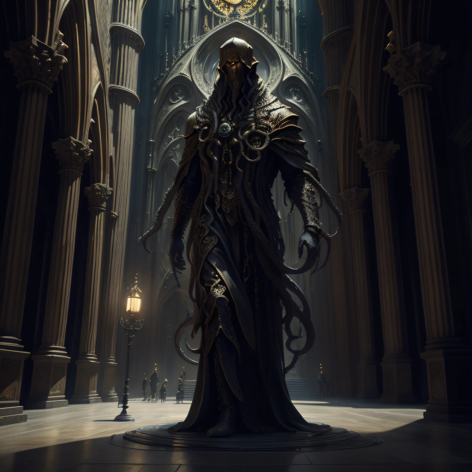 "[Una estatua de Cthulhu] + Horror de Eldrich + De pie en una sala de edificios similar a una catedral + Estilo arquitectónico gótico + intrincados acentos en negro y dorado, 8K masterpiece, Fotorrealista."