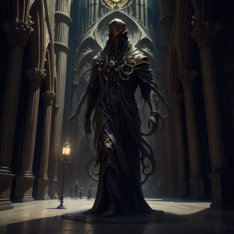 "[a statue of cthulhu] + eldrich horror + standing on a cathedral-like building hall + gothic architectural style + intricate bl...