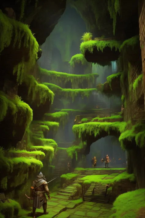 A man in the forest with a sword and a dog, Lush mossy canyon, Mossy ruins, Lush alien landscape, beautiful concept art, environ...