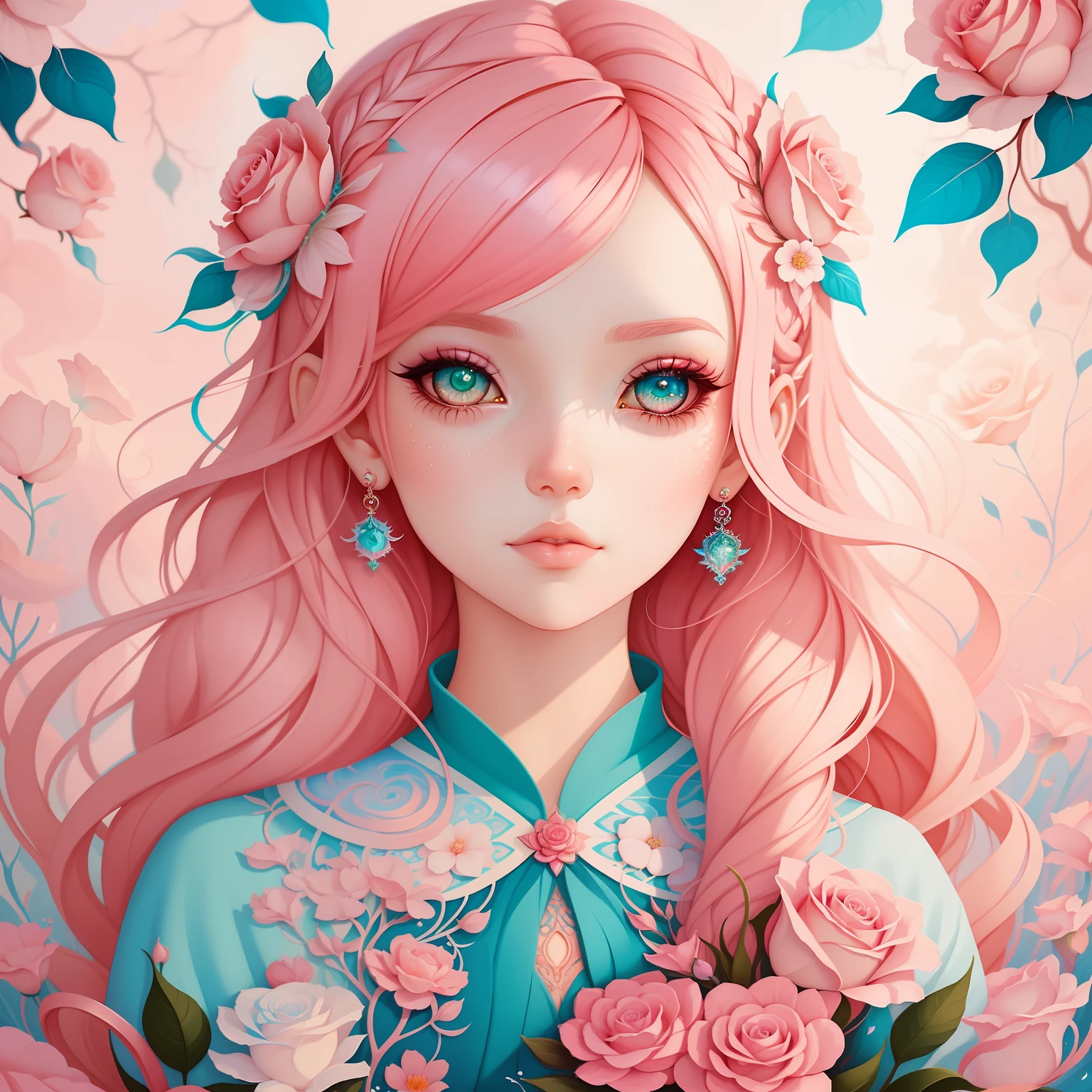 ピンクの髪と青い目をした花束を持った女の子 - SeaArt AI