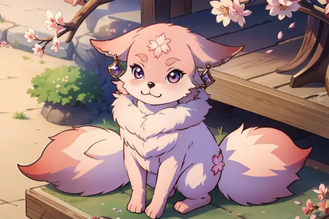 cute little fox under sakura tree, sakura flowers, sakura blossoms