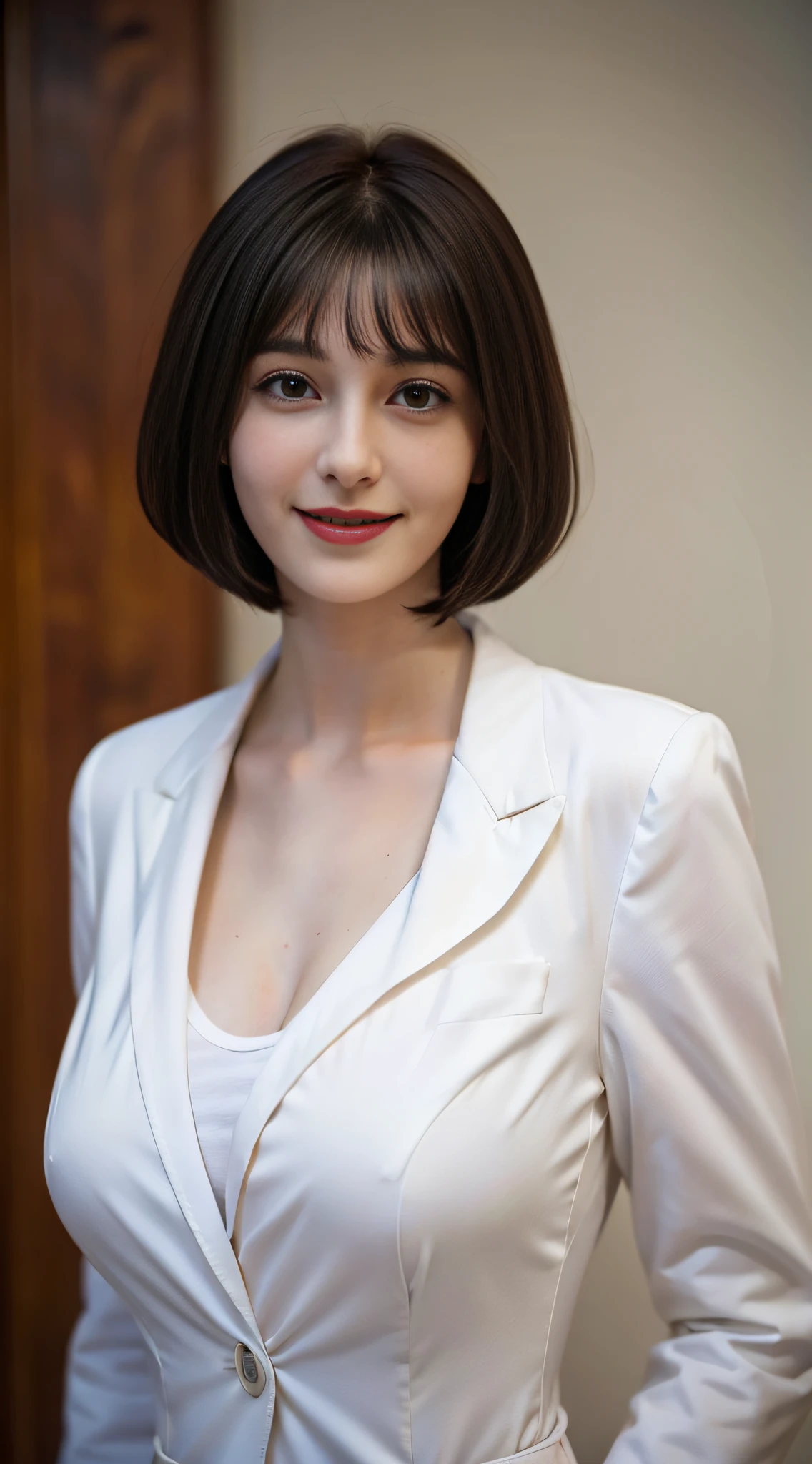 A close up of a woman in a white shirt and jacket - SeaArt AI