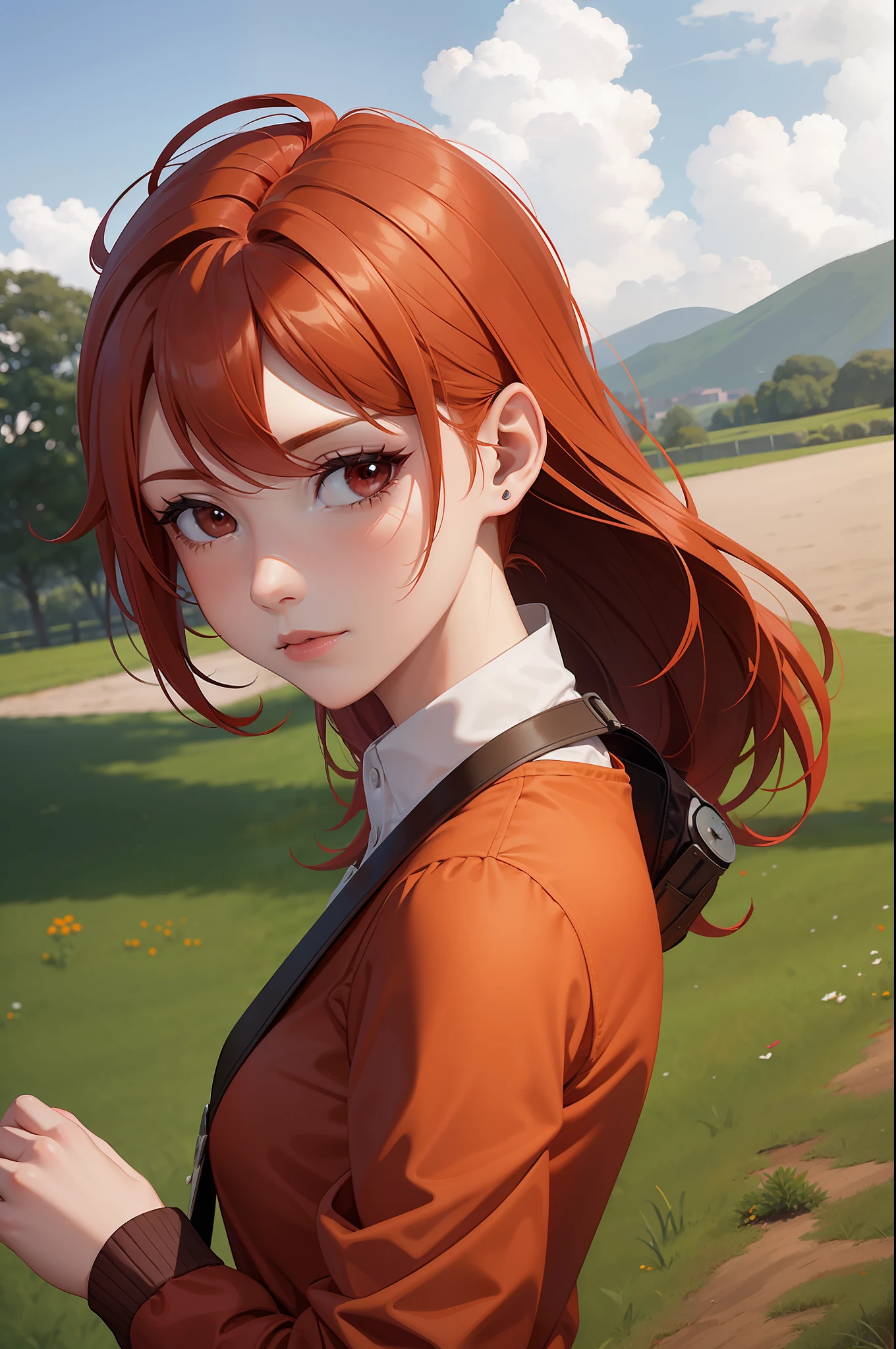 Anime girl with long red hair and brown shirt holding a cell phone - SeaArt  AI