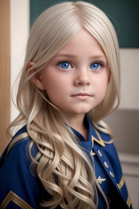 10-year-old small child with long blue eyes platinum blonde hair;;; roupas brancas. Casaco