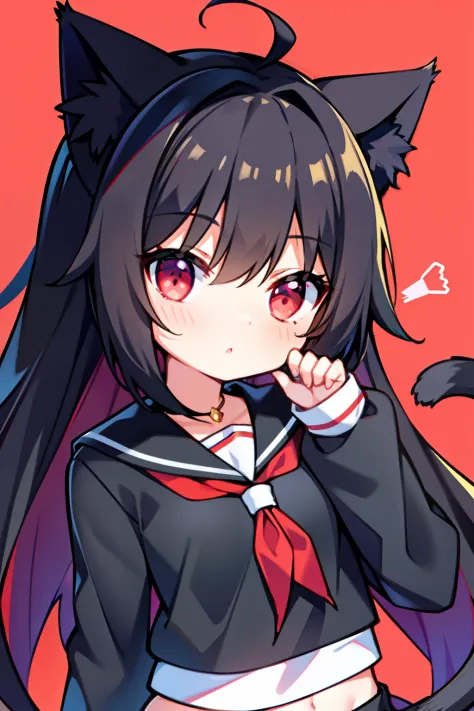 Black hair, Cat ears, Cat girl, Red eyes, student clothes，