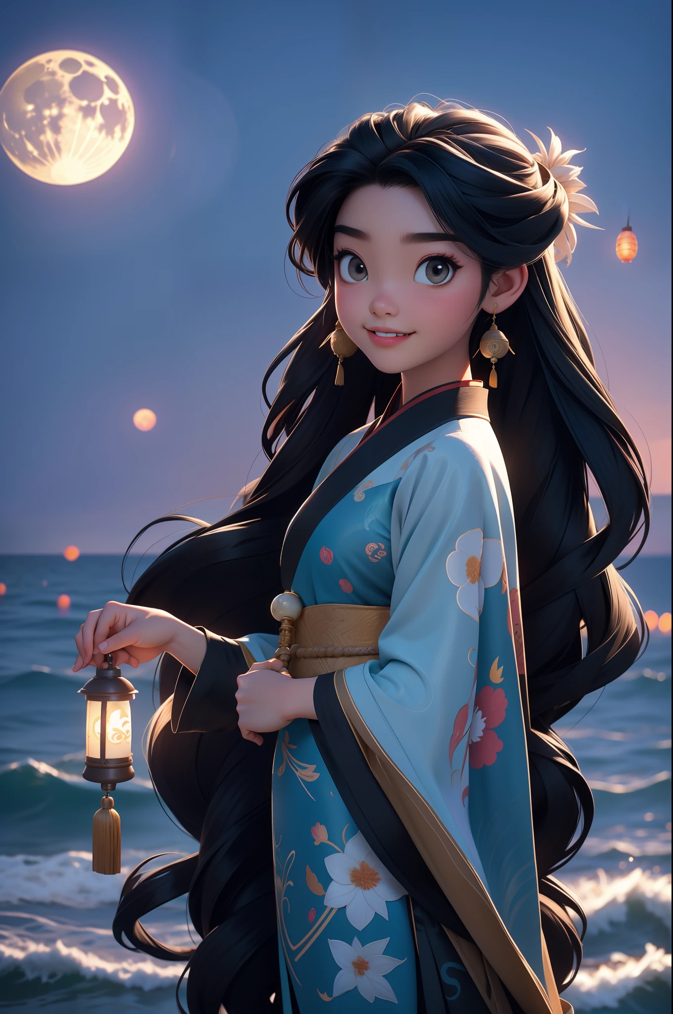 tmasterpiece, best qualityer, Seventeen-year-old girl, long whitr hair，Black color hair，Hanfu，Relax on the beach，ssmile，The full moon gradually rises from sea level，the night，the ocean，calm seas，inverted image，coconut palms，（（There are many lanterns floating in the sky））, pixar-style，Disney  style，Chinese style