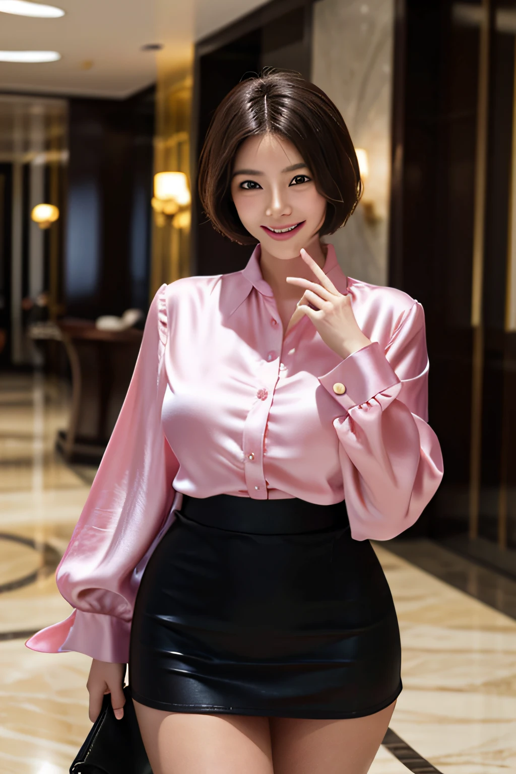 ​masterpiece, top-quality, (extremely detailed photo, 8k wallpaper), In-depth background, 1womanl、Company Officer、Charming and flawless beauty, 40 years、(Elegance)、(Pink silk blouse)、(Colossal tits)、((Black miniskirt))、(Curvaceous), (thighs thighs thighs thighs: 1.12)、(Holding nothing in your hands)、(Black short-haired:1.1)、Look at the viewer、(lightsmile:1.1), (Background with：Lobby of luxury resort hotel)