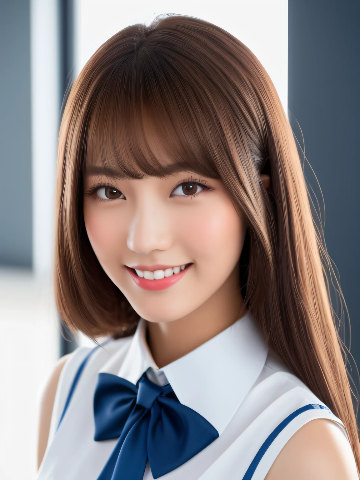 masterpiece, close up shot of a face, directly front view, a Japanese young pretty woman, sitting a chair alone with big smile in a classroom, glamorous figure, wearing a short sleeves silky white collared shirt with shiny satin red plain bow tie, hyper pretty face, glossy lips, double eyelids in both eyes, natural makeup, long eyelashes, shiny smooth light brown hair of medium length, asymmetrical bangs, tanned skin, wearing a dark blue pleated skirt, sleeveless light gray pullover, head in the frame, central image, 8K resolution, high detail, detailed hairstyle, Detailed Face, spectacular cinematic lighting, octane rendering, vibrant, hyper realistic, perfect limbs, perfect anatomy