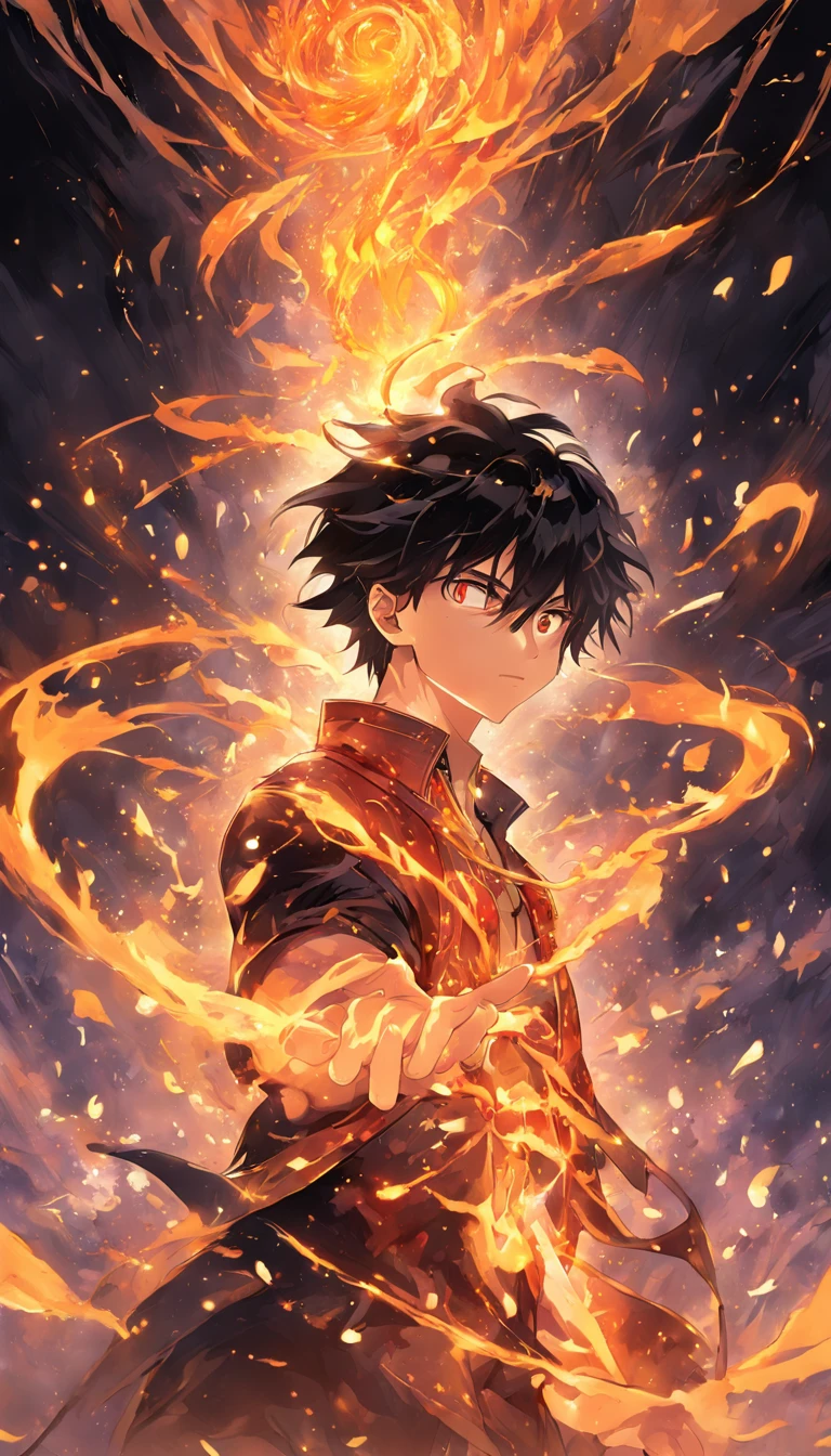 a painting that represents the essence of magic in your world, showing the black hair, shining golden eyes protagonist with a mystical black mark on his neck immersed in a cascade of magical fire energy, with glowing particles dancing around him and arcane symbols forming in the air