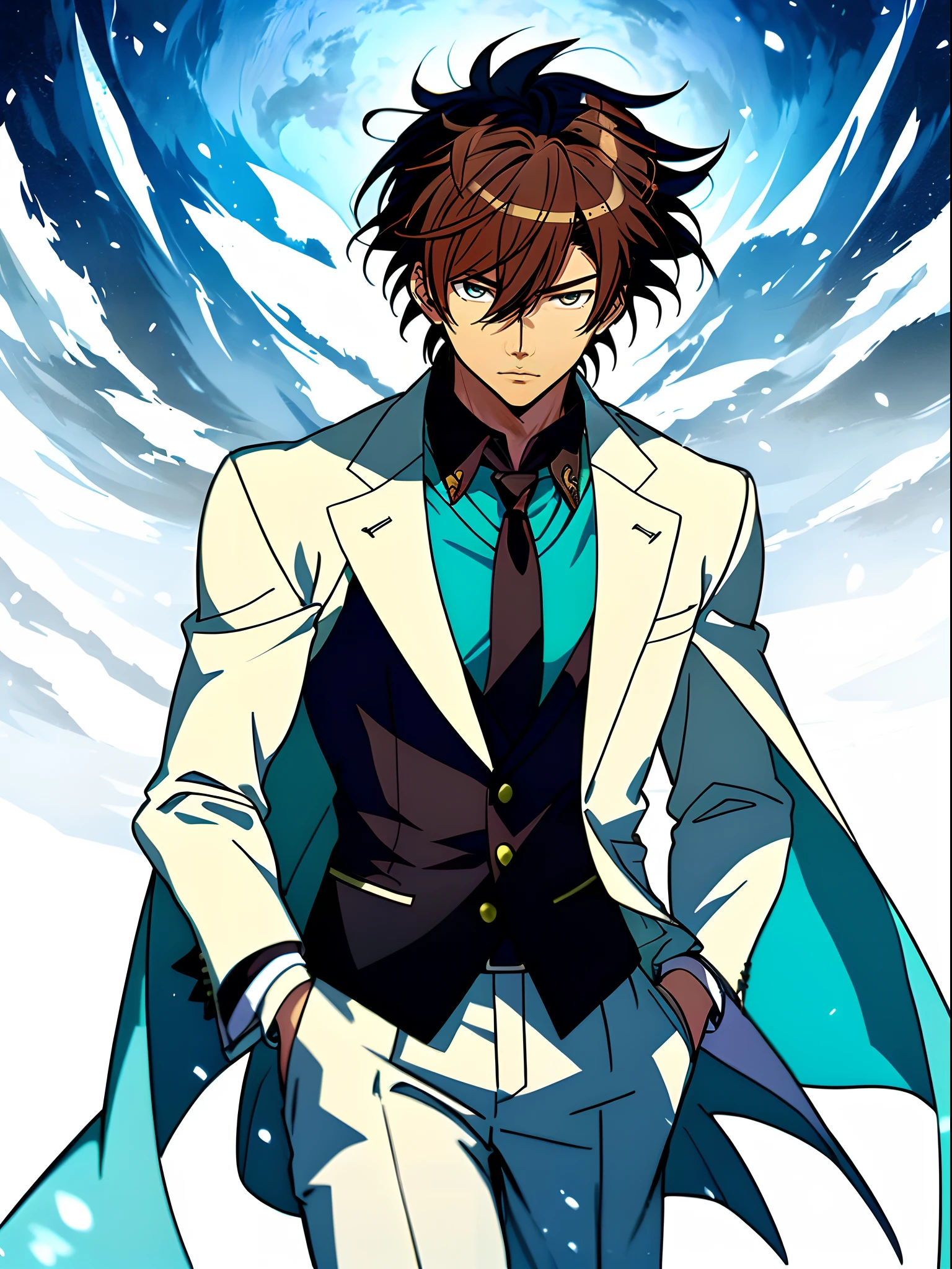 Anime character dressed in white suit and blue tie with a blue swirl in ...