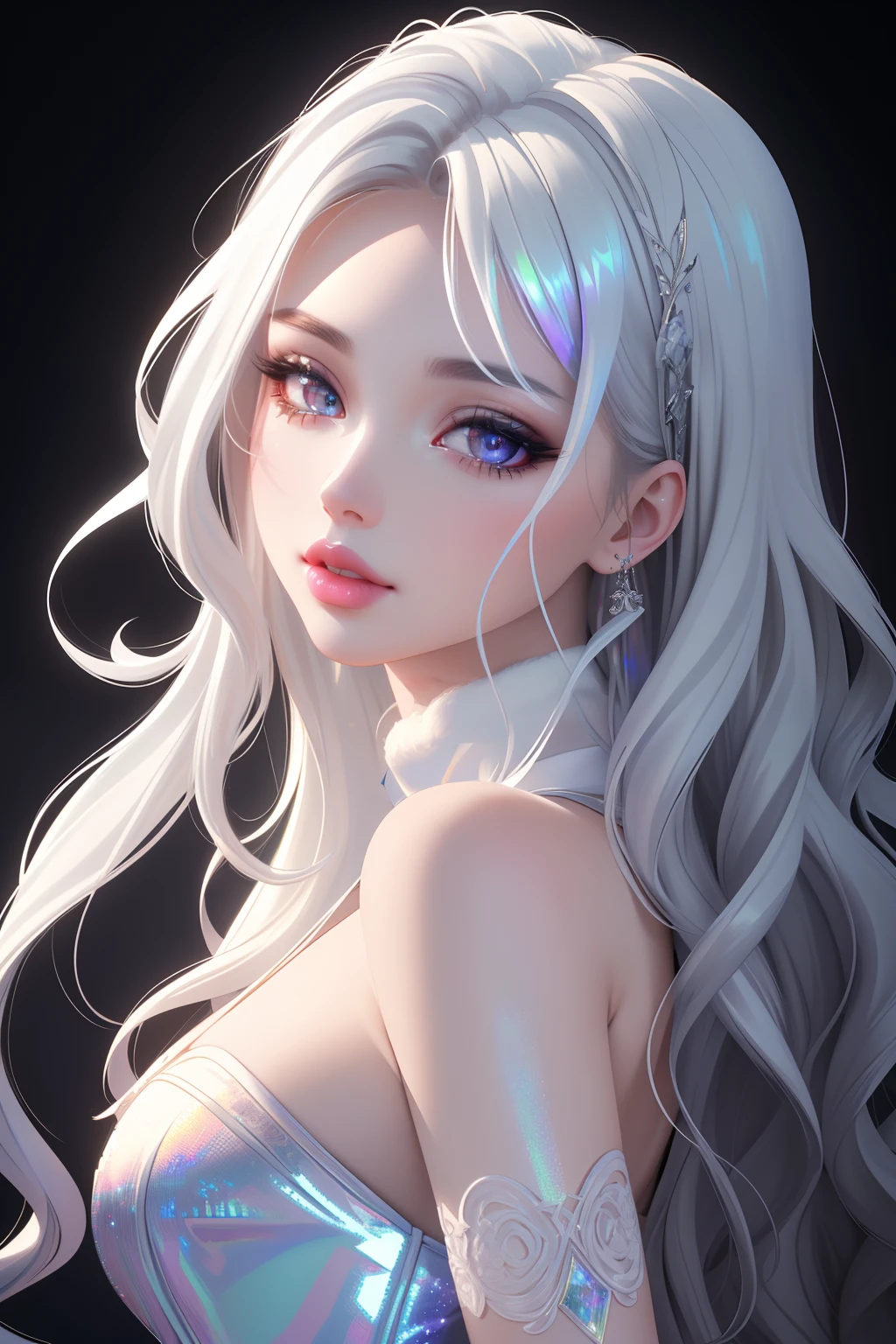 (masterpiece, sidelighting, finely detailed beautiful eyes: 1.2), 3d face, realistic, perfect face, masterpiece, highest quality, approaching perfection, (perfect face:1.1), (high detail:1.1), dramatic, (girl), pale skin, (holographic long wavy hair:1.4), white eyes, solo, long hair, white luxury fur coat, white dress, nob, albino, Luminous Studio graphics engine, pouty lips, devil magician, volumetric lighting, detailed eyes, (8k wallpaper masterpiece), hyper detailed, intricately detailed, overwhelmingly pixel perfect, roses, fashion, on side, looking at viewer