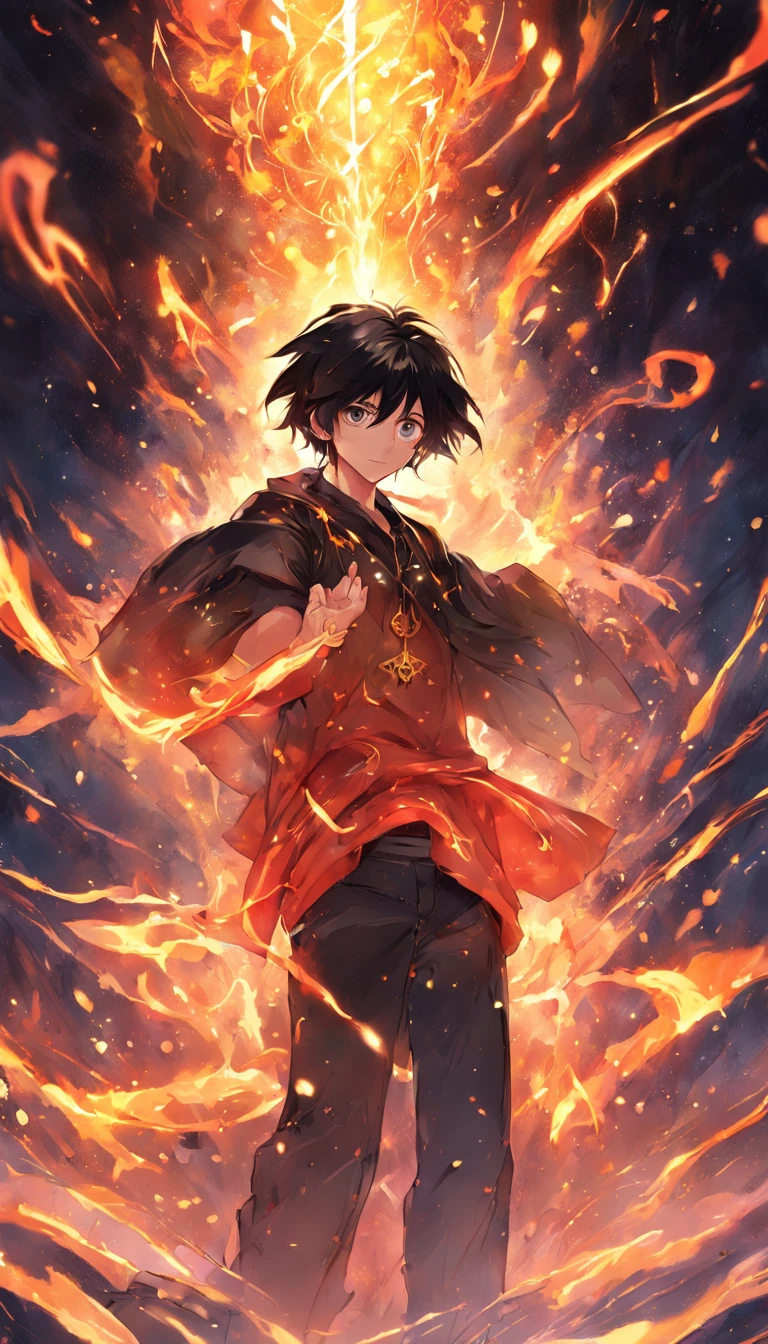 a painting that represents the essence of magic in your world, showing the black hair, shining golden eyes protagonist with a mystical black mark on his neck immersed in a cascade of magical fire energy, with glowing particles dancing around him and arcane symbols forming in the air