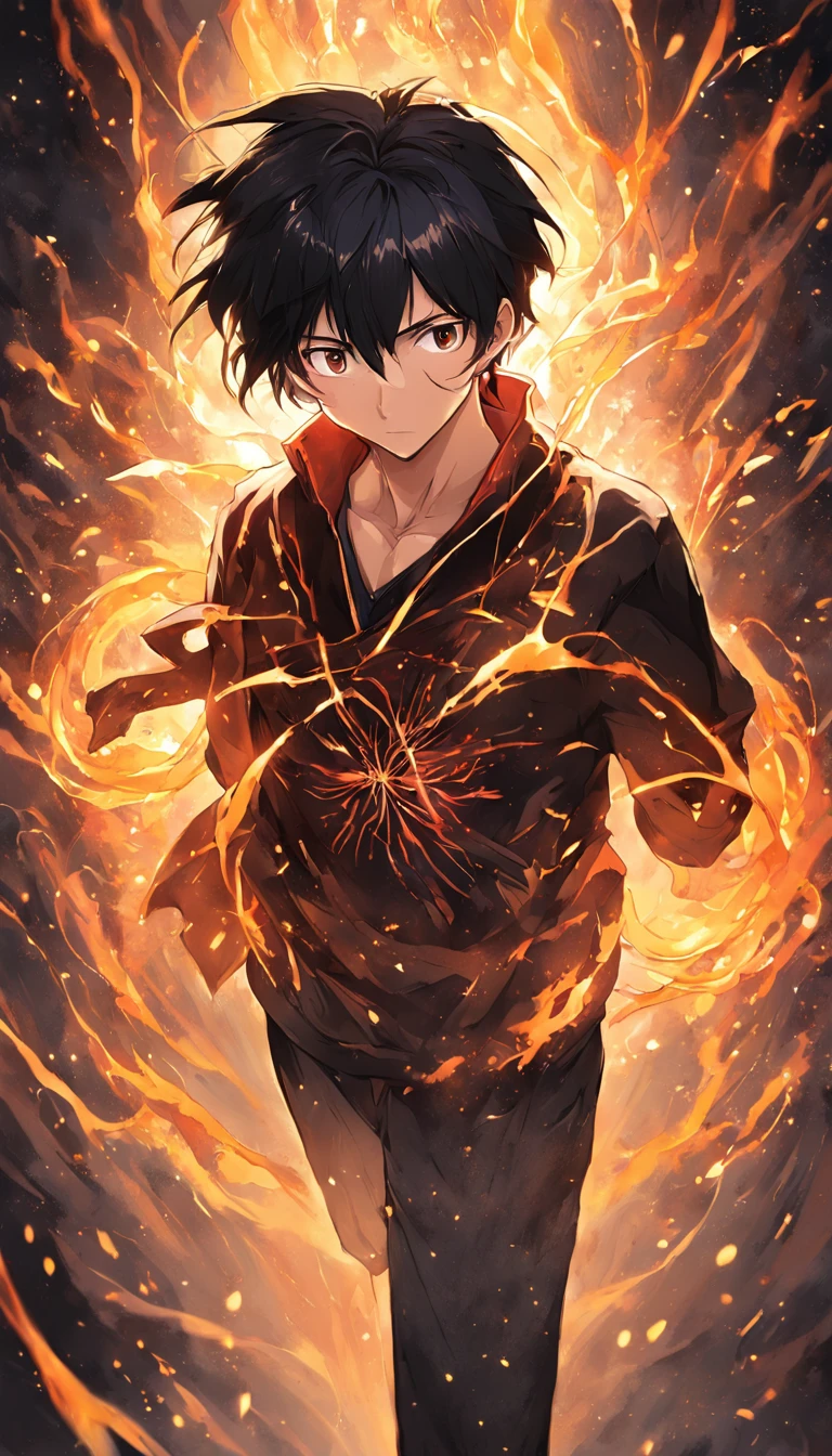 a painting that represents the essence of magic in your world, showing the black hair, shining golden eyes protagonist with a mystical black mark on his neck immersed in a cascade of magical fire energy, with glowing particles dancing around him and arcane symbols forming in the air