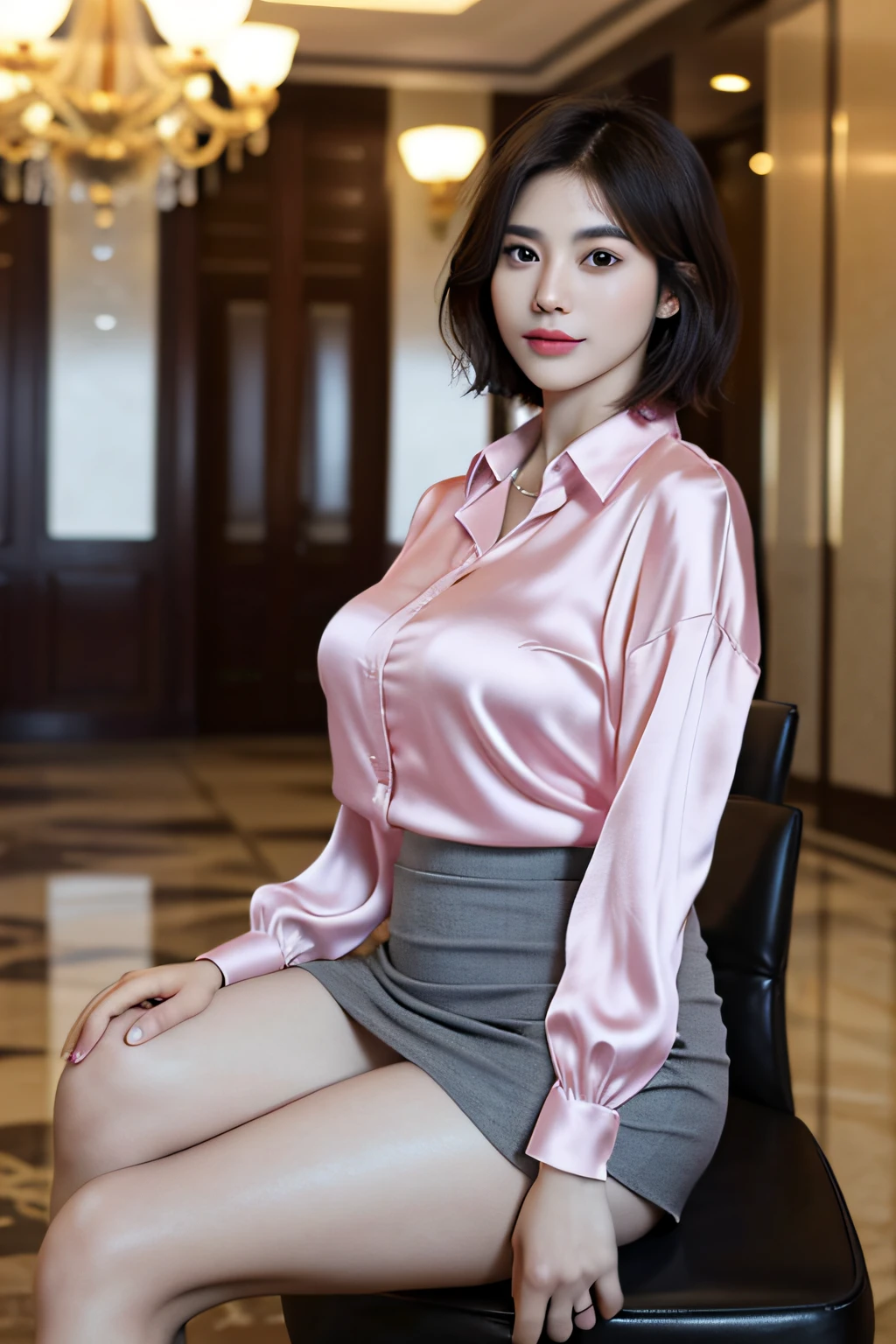 ​masterpiece, top-quality, (extremely detailed photo, 8k wallpaper), In-depth background, 1womanl、Company Officer、Charming and flawless beauty, 40 years、(Elegance)、((Pink Silk Blouse))、(Colossal tits)、((grey miniskirt))、(Curvaceous), (thighs thighs thighs thighs: 1.12)、(Holding nothing in your hands)、(Black short-haired:1.1)、Look at the viewer, (Background with：Lobby of luxury resort hotel)