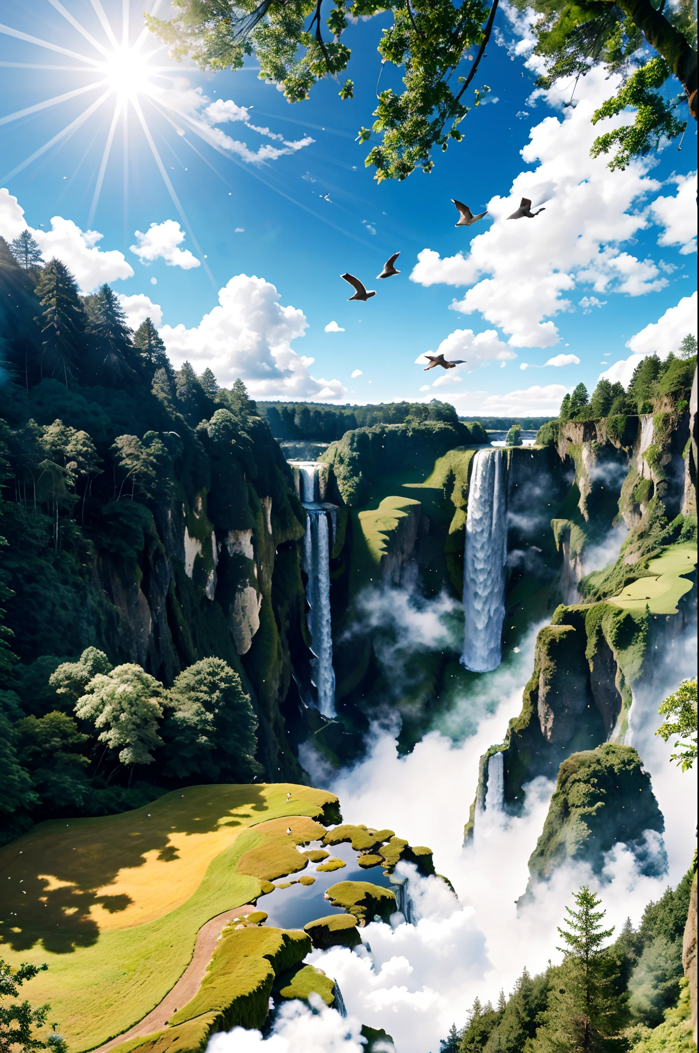 Flying on the cliff, above the very high waterfall, look down on the fluctuating pond, high sunlight, blue sky, white cloud, birds, forest, trees, 8K, masterpiece, best quality, high resolution, extremely full detailed