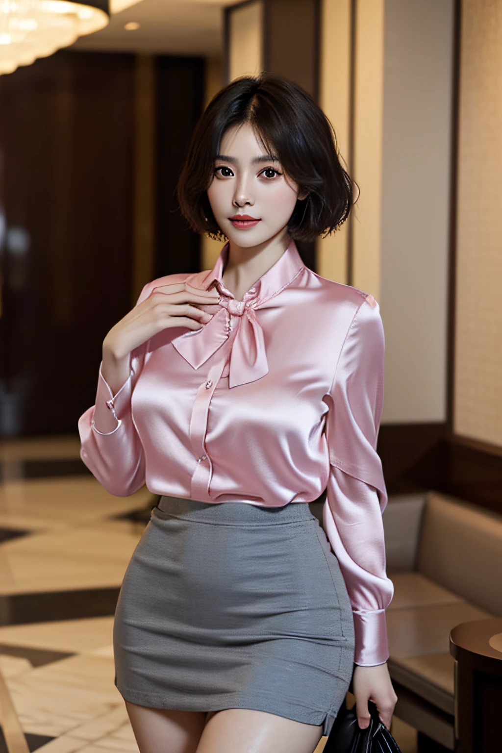 ​masterpiece, top-quality, (extremely detailed photo, 8k wallpaper), Meticulous background with, 1womanl、Company Officer、Charming and flawless beauty, 40 years、astonished face、(Elegance)、((Pink Silk Blouse))、(Colossal tits)、((grey miniskirt))、(Curvaceous), (thighs thighs thighs thighs: 1.12)、(Holding nothing in your hands)、(Black short-haired:1.1)、Look at the viewer, (Background with：Lobby of luxury resort hotel)