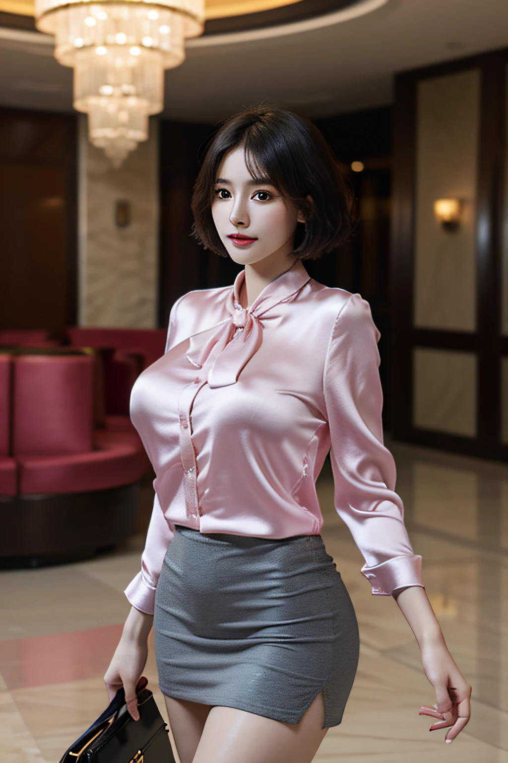 ​masterpiece, top-quality, (extremely detailed photo, 8k wallpaper), Meticulous background with, 1womanl、Company Officer、Charming and flawless beauty, 40 years、astonished face、(Elegance)、((Pink Silk Blouse))、(Colossal tits)、((grey miniskirt))、(Curvaceous), (thighs thighs thighs thighs: 1.12)、(Holding nothing in your hands)、(Black short-haired:1.1)、Look at the viewer, (Background with：Lobby of luxury resort hotel)