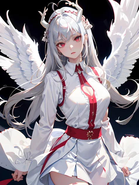((masterpiece, best quality)), (1girl), (solo), (female focus), (ahoge, silver hair, long hair), red eyes, ((white shirt), (buttoned shirt)), ((white skirt), (short skirt)), standing, white background, arms behind back, four angel wings on the waist, deer ...