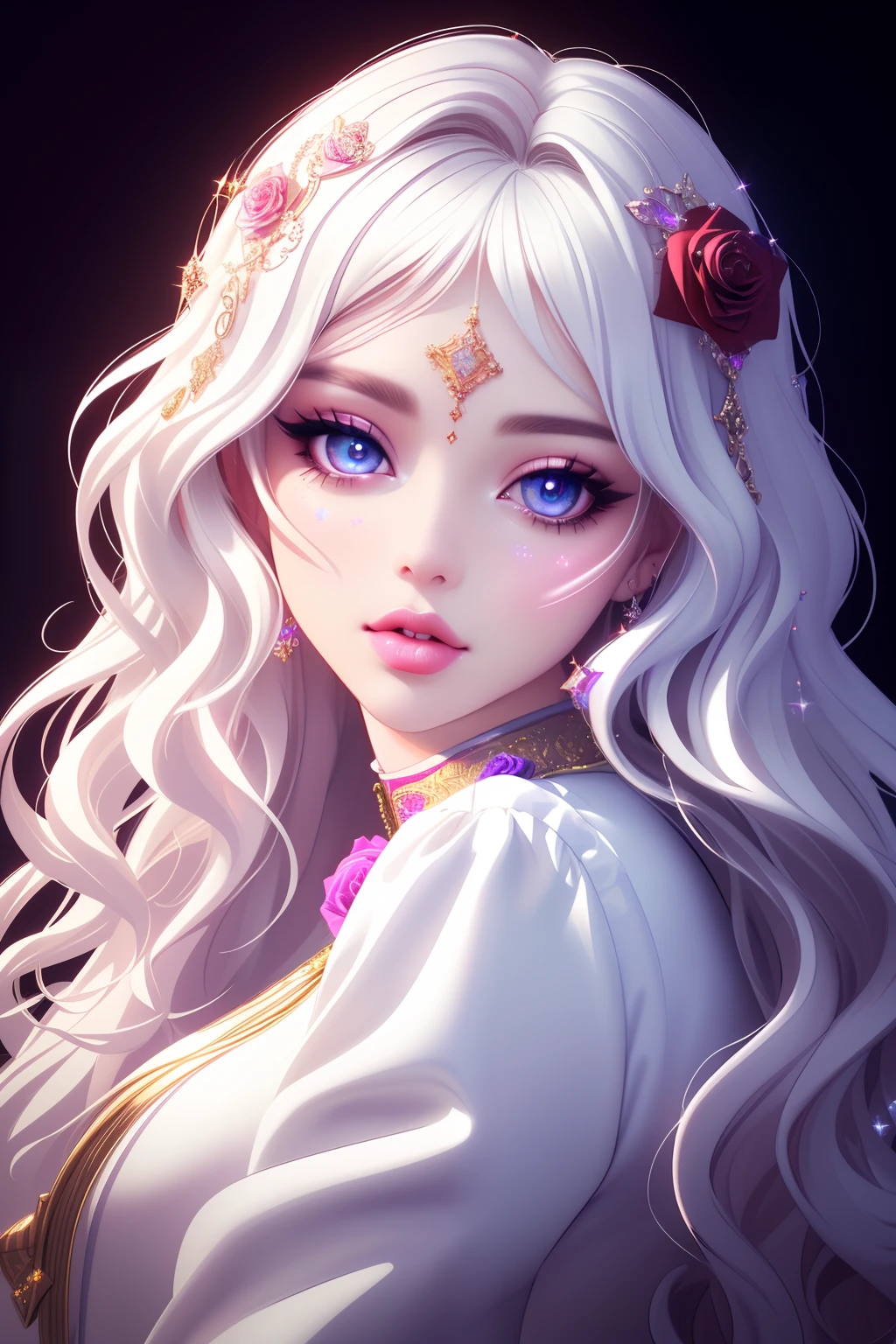 (masterpiece, sidelighting, finely detailed beautiful eyes: 1.2), 3d face, realistic, perfect face, masterpiece, highest quality, approaching perfection, (perfect face:1.1), (high detail:1.1), dramatic, (girl), pale skin, (holographic long wavy hair:1.4), white eyes, solo, long hair, white luxury fur coat, white dress, nob, albino, Luminous Studio graphics engine, pouty lips, devil magician, volumetric lighting, detailed eyes, (8k wallpaper masterpiece), hyper detailed, intricately detailed, overwhelmingly pixel perfect, roses, fashion, on side, looking at viewer