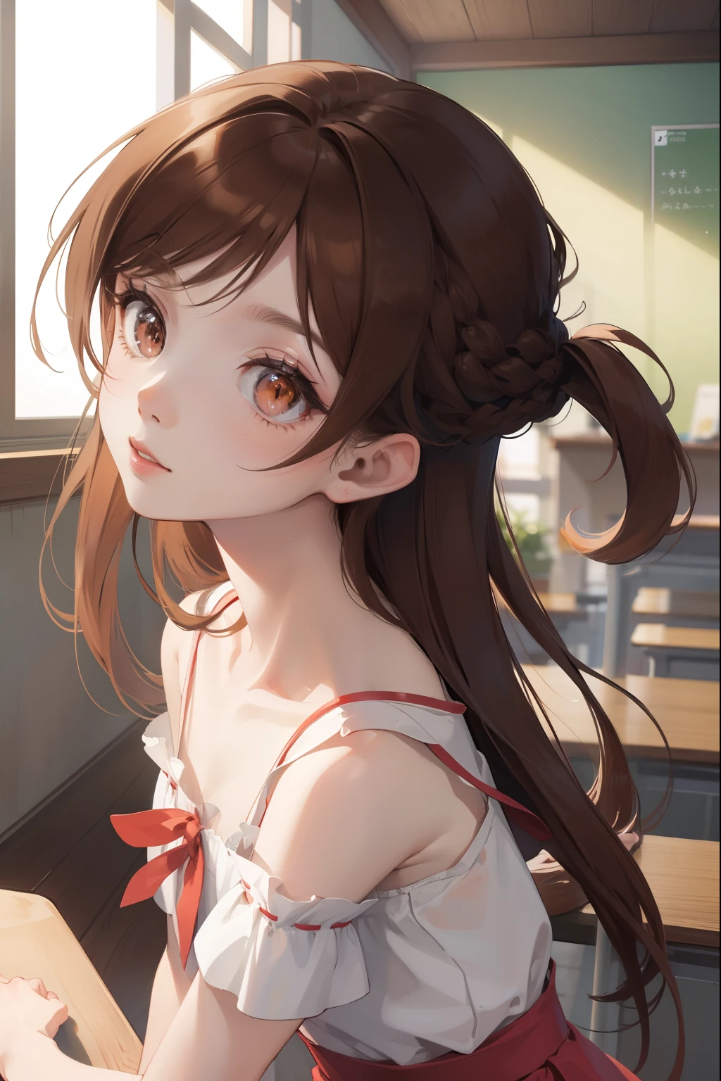 mizuharachizuru, mizuhara chizuru, (brown eyes:1.5), brown hair, long hair, (one side up:1.2),
BREAK bare shoulders, collarbone, pink shirt, puffy short sleeves, puffy sleeves, red bow, shirt, short sleeves, skirt, white skirt,
BREAK indoors, classroom,
BREAK looking at viewer, 
BREAK (masterpiece:1.2), best quality, high resolution, unity 8k wallpaper, (illustration:0.8), (beautiful detailed eyes:1.6), extremely detailed face, perfect lighting, extremely detailed CG, (perfect hands, perfect anatomy),