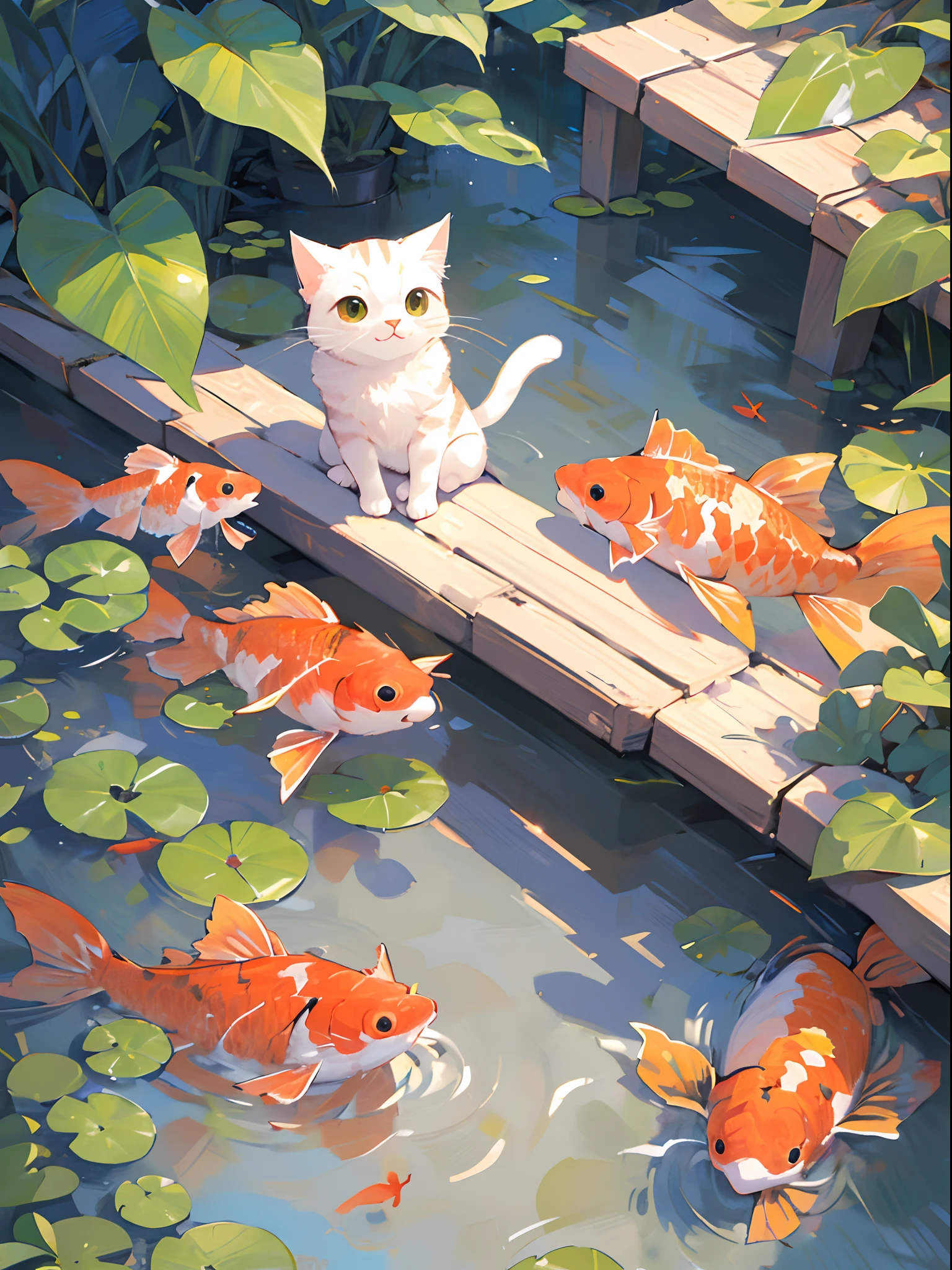 (Masterpiece:1.2, high quality),cat, absurdres, highres, ultra detailed, 1cat, cute, pond, koi fish, cat standing near pond, staring at koi fish inside the pond