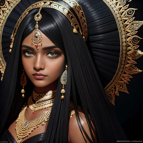 Close-up of a woman with long black hair wearing a golden headdress, Goddess. Extremely high detail, dark skin female goddess of love, a stunning portrait of a goddess, portrait of a beautiful goddess, indian goddess, 3 d goddess portrait, goddess close-up...