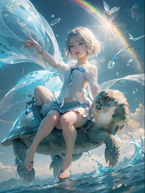 (Best Quality, Masterpiece: 1.1), (Realistic: 1.4), Beautiful naked schoolgirl is riding on the rainbow turtle, god ray, teen, s...