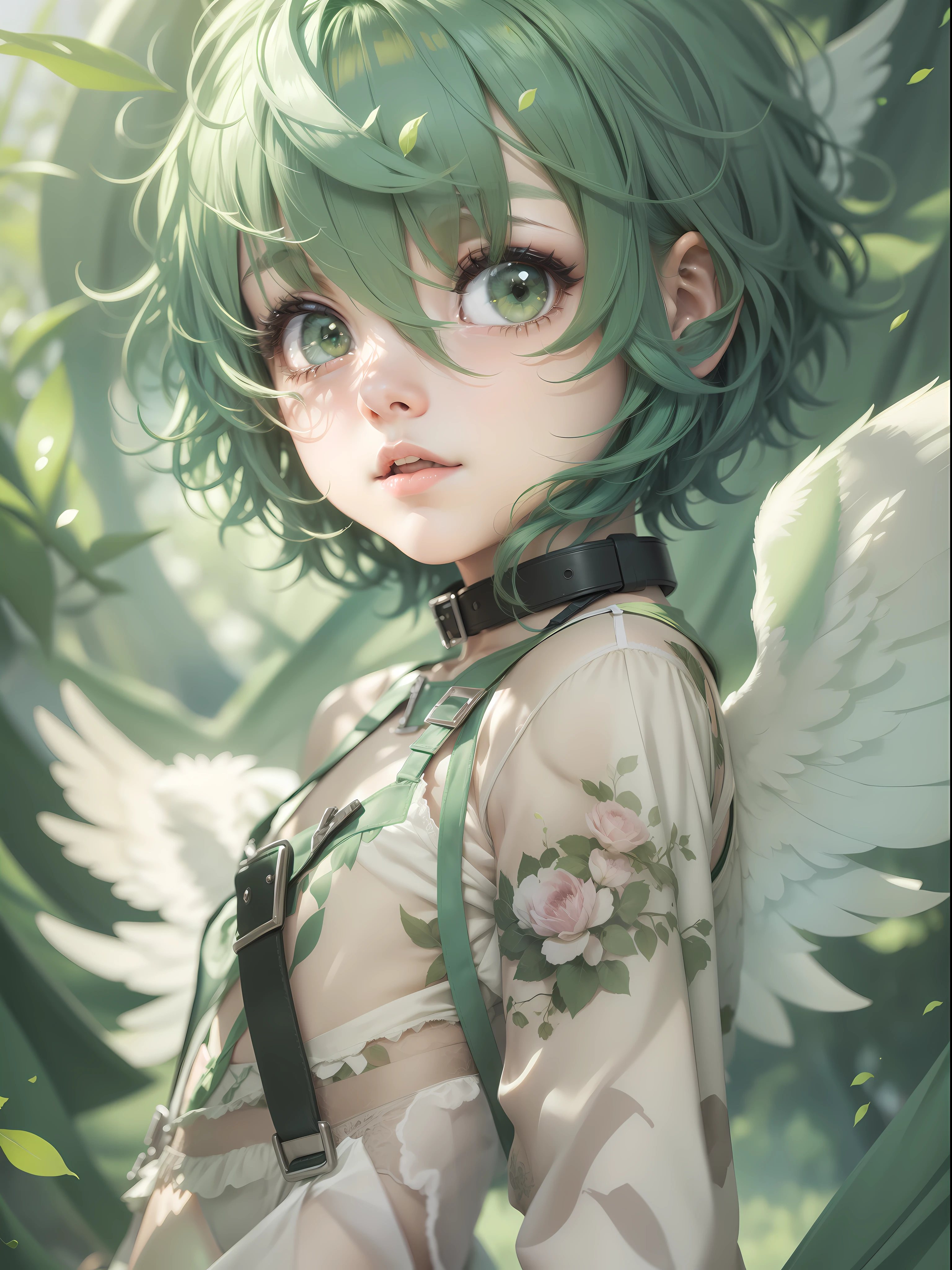 Chica anime con cabello verde y alas de ángel en un bosque. - SeaArt AI