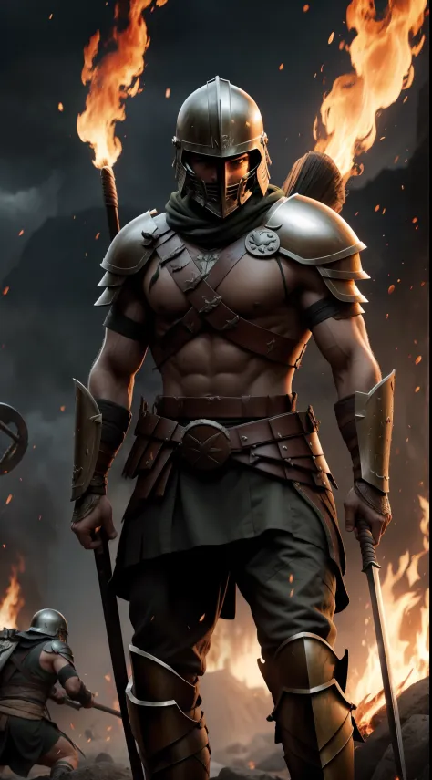 bad ass spartan warriors with their helmet, holding spear, with fire in their backgroud, epic, realistic, 8k, masterpiece