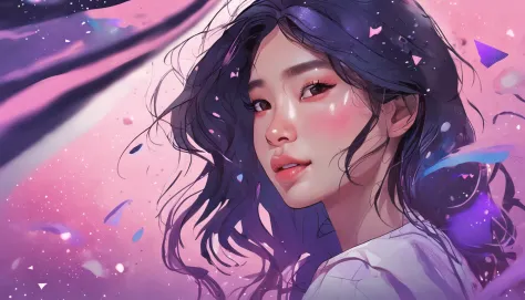 Half of the face of a Korean girl, Features realistic stroke styles and pastel colors using a purple and blue palette, With cosmos as a background and stars.