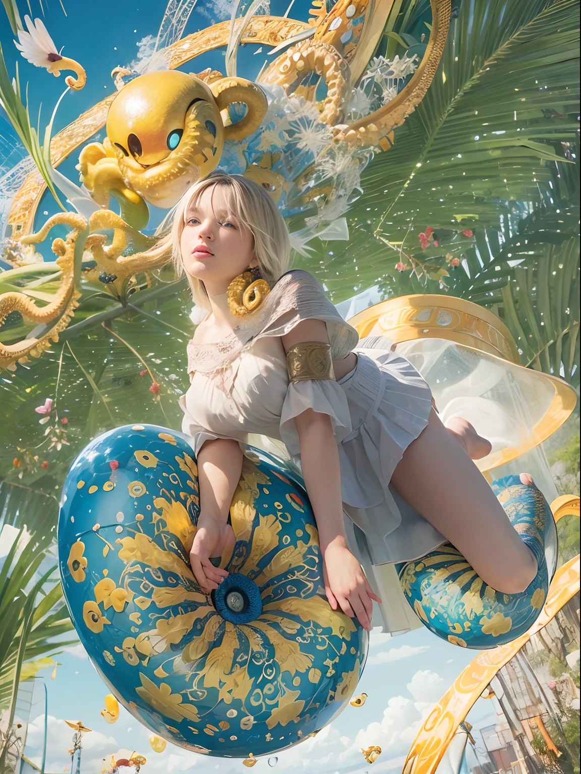 (Best Quality, Masterpiece: 1.1), (Realistic: 1.4), Beautiful naked schoolgirl is riding on the yellow octopus, god ray, teen, silver short hair, blue eyes, full body, from below, hourglass body shape, flying over the park, crystallineAI, fractal art, splash