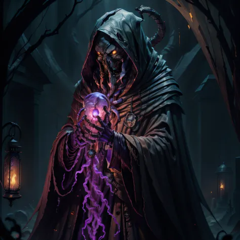 (necromancer):(skeletal features, enriched horror, withered hooded cloak), (holding a lantern with glowing purple orb with glowing black aura), (located on a cursed cemetery) full body render, masterpiece, photorealistic, zoomed out that whole character ca...